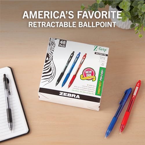 Zebra Pen Z-Grip Retractable Ballpoint Pen, Black, Blue, Red, 1.0mm, 48-Pk