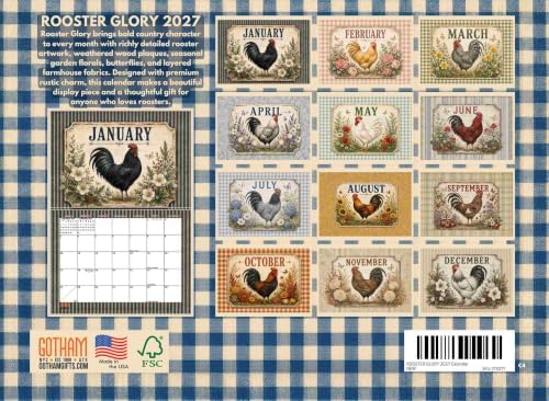Rooster Glory Calendar 2027 Monthly Wall Country Farmhouse Calender 12 Month | American Made In The USA