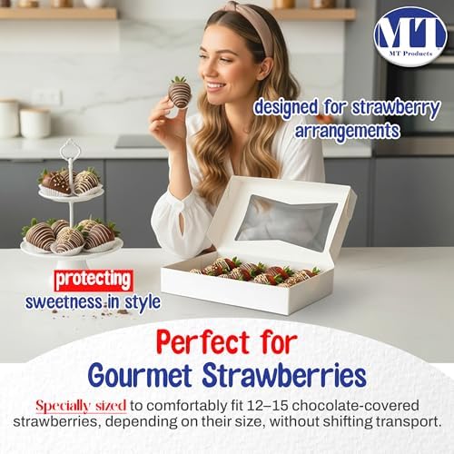 MT Products White Chocolate Covered Strawberry Boxes 12" x 8" x 2.25" - Auto Pop-Up Bakery Boxes with Window (Pack of 15)- Made in USA