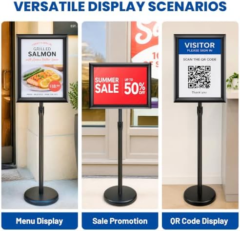 3 Pack 11x17 Inch Sign Holder Stand, Adjustable Pedestal Sign Stand, Heavy Duty Floor Standing Sign Holder, Aluminum Snap Open Frame Poster Stand, Vertical & Horizontal Display (Black)