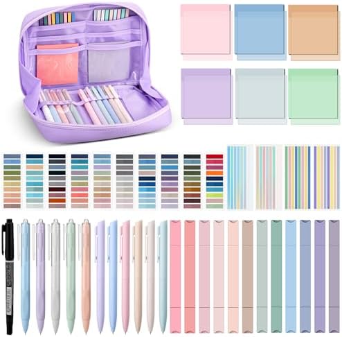 135 Pcs Book Annotation Kit Aesthetic Pencil Case Bag 12 Highlighter 11 Gel Pen 1 Marker 300 Sheet Transparent Sticky Notes Pad 2640 Index Stickers Bible Study Supplies(Kawaii,Purple)