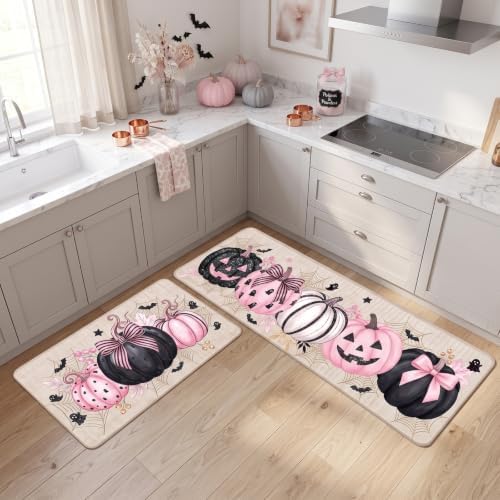 Halloween Kitchen Mats Set of 2, Pink Pumpkin Ghost Kitchen Rugs