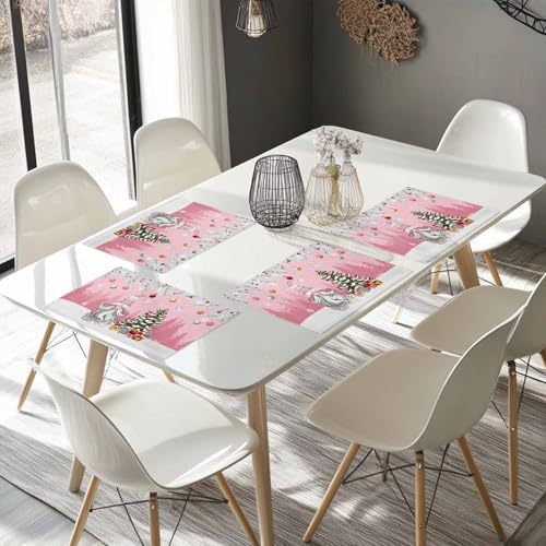 Christmas Gnome Placemat 1PC, Winter Merry Christmas Tree Balls Heat Resistant Washable Table Place Mats Pink Cotton Table Linens Party Holiday Decor for Kitchen Dining Outdoor Indoor