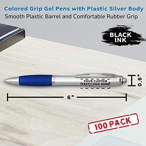 DISCOUNT PROMOS Custom Colored Grip Gel Pens Set of 100, Personalized Bulk Pack - Great for Office, School, Business, Tradeshows, Events - Blue