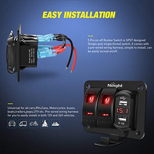 Nilight 2 Gang Rocker Switch Panel with Dual USB Socket Voltmeter