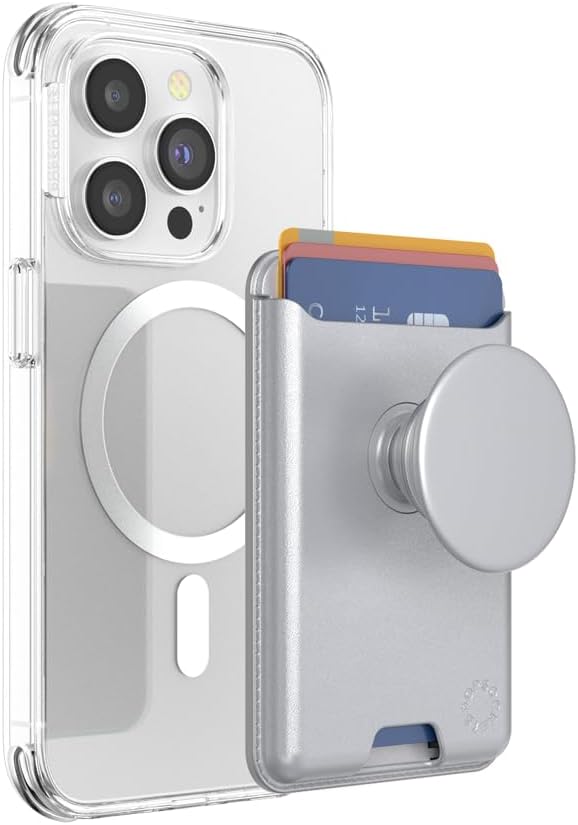 PopSockets Phone Wallet for MagSafe with Grip- Silver | PopWallet, Holds 3 Cards, Magnetic, Removable, Secure, Silver, Electronic Accessories, For iPad/Kindle/iPhone/Android