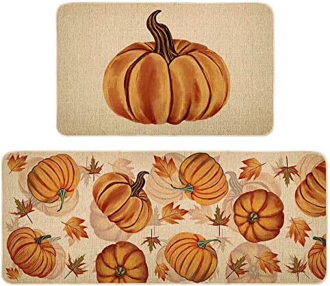 Fall Pumpkin Kitchen Mats Set of 2, Autumn Kitchen Rugs, Non-Slip Absorbent Door Mats, Seasonal Thanksgiving Home Decor Kitchen Floor Mat 17x29 and 17x47 Inch DM087