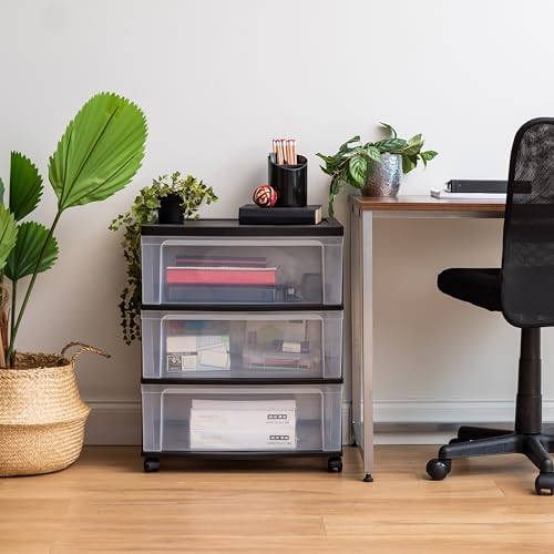 IRIS USA 3-Drawer Wide Storage Cart with Wheels, Organizer, Black