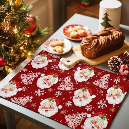 Red Christmas Placemats Set of 6, Santa Claus Merry Christmas Tree Heat Resistant Washable Table Place Mats Winter Snowflake Cotton Table Linens Party Holiday Decor for Kitchen Dining Outdoor Indoor