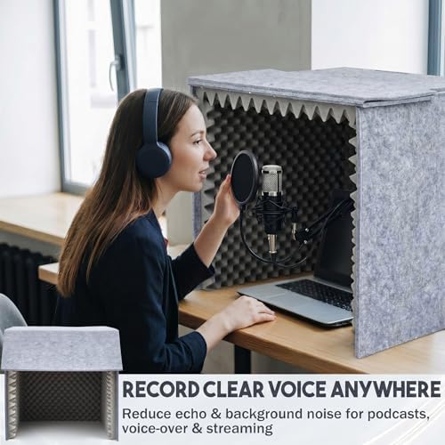 Pushglossy 28 x 28 x 28 Inch Desktop Soundproof Cover Portable Vocal Recording Booth Vocal Absorbing Shield Microphone Isolation Booth Cube for Sound Clearer Home Music Studio Podcasts Recording, Grey