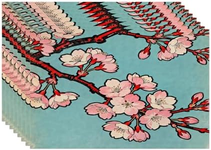 Batmerry Shabby Chic Cherry Blossom Linen Placemats Set of 8, Pink Floral Turquoise Background Washable Table Mats for Kitchen Table Thickened Heat Insulation Dining Set Indoor Outdoor 12X18 in