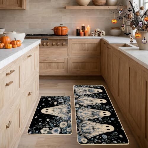 Baccessor Halloween Ghost Kitchen Rugs Set of 2,Spooky Blue and White Pumpkin Black Mat Rug Indoor Outdoor Low-Profile Non Slip Absorbent Floor Mats for Home Party Holiday Decor 17x29 and 17x47 Inch
