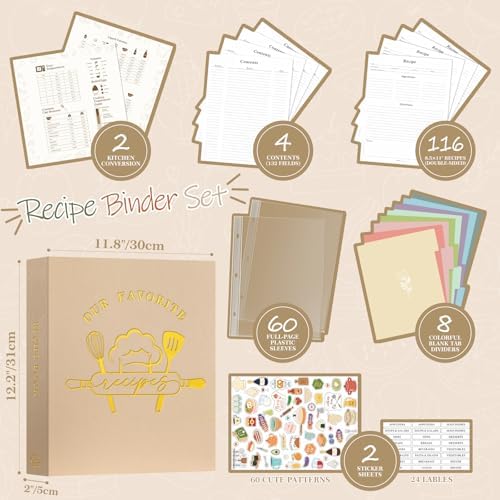 Lanpn Recipe Binder 8.5x11 3 Ring Kit, Waterproof Recipe Book Organizer Binder to Write in Your Own Recipes, Blank Cookbook with 60 Plastic Sleeves,116 Recipes, Dividers, Labels & Stickers, Oat