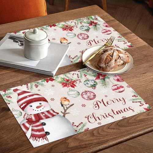 Merry Christmas Placemats Set of 4, Cotton Linen Snowman Table Mats Non-Slip Washable Snowflake Christmas Tree Balls Poinsettia Flower Retro Placemat for Holiday Banquet Dining Kitchen Table Decor