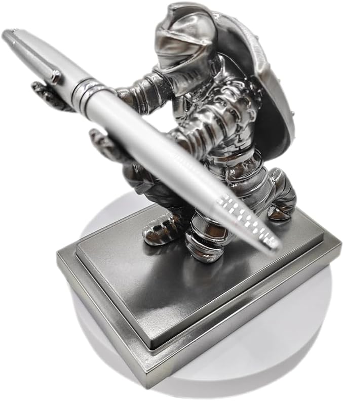 King's Guard Knight Pen Holder with Rollerball Pens, Medieval Warrior Desktop Organizer, Gothic Metal Desk Accessory Set, Silver Gift for Men