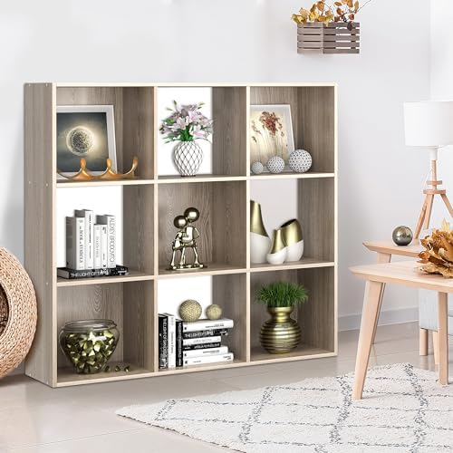 SUPER DEAL 9 Cube Open Shelf Bookcase, 3 x 3 Storage Organizer Shelf with 5 Removable Back Panels Wood Bookshelf System Display Rack for Home, Office, Bedroom, Living Room, Oak