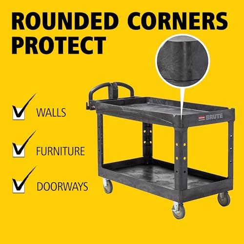 Rubbermaid Commercial Products BRUTE Heavy Duty 2-Shelf Utility/Service Cart, Medium, Lipped Shelves, Ergonomic Handle, 750 lb Capacity, Black, for Warehouse/Garage/Cleaning/Office