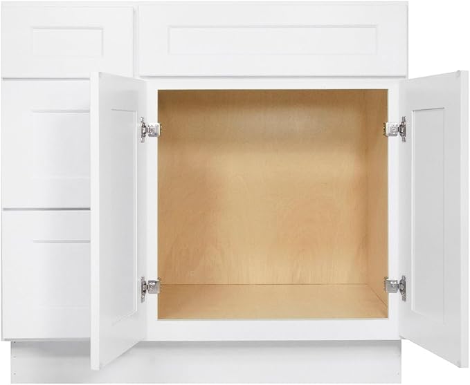 Furinno Shaker Left 3-Drawers Bath Vanity Cabinet, 2-Door, White | 21 D x 36 W x 34.5 H, Adjustable Hinges, Soft-Close Shaker-Style Door, Ready to Assemble, Plywood, for Bathroom, Washroom