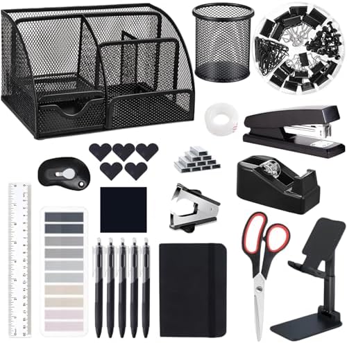 Office Supplies,Desk Accessories,Stapler and Tape Dispenser Set,1000 Staples,Staple Remover,Pen Holder,Folding Phone Holder,Journal Notebook,Ballpoint Pen,Scissor,Ruler,Clear Tape,Sticky Notes,Ect