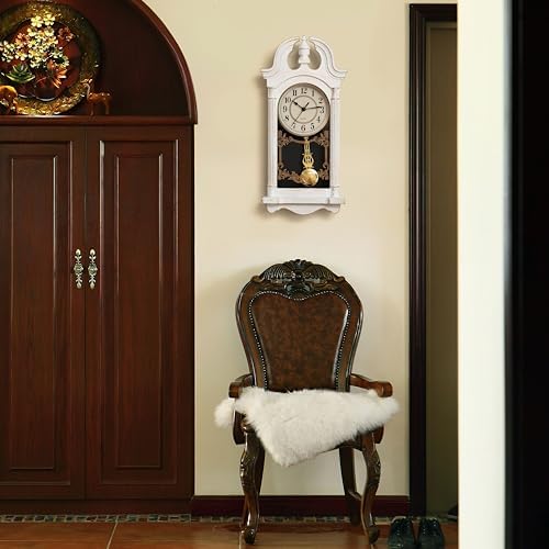 Clockswise Vintage Grandfather-Style Wall Clock with Wood-Effect Plastic Pendulum Battery-Operated for Home Decor Living Room Home Office Kitchen or Dining Room (White)