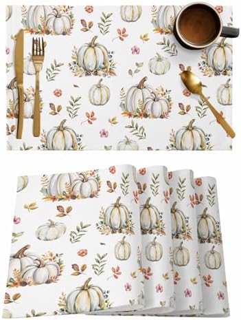 Fall Floral Leaves Placemats Set of 6, Thanksgiving Pumpkins Heat Resistant Washable Table Place Mats Boho Cotton Table Linens Party Holiday Decorations for Home Kitchen Dining Table Outdoor Indoor,