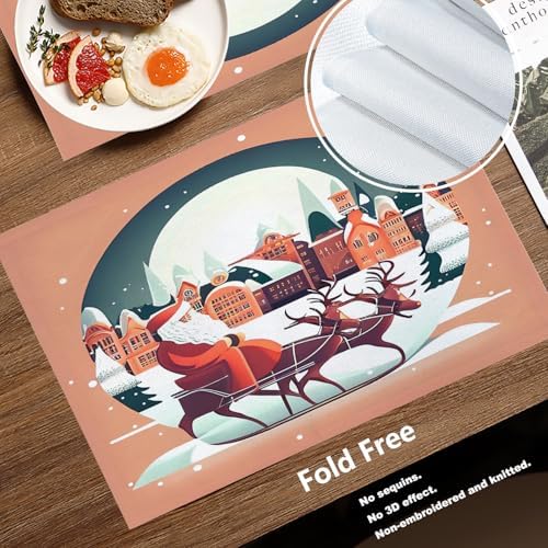 Batmerry Christmas Santa Claus Linen Placemats Set of 4, Reindeer Winter Cityscape Orange Washable Table Mats for Kitchen Table Thickened Heat Insulation Dining Set Indoor Outdoor 12X18 in