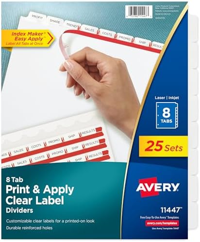 Avery Index Maker Clear Label Dividers, 8-Tab, White, 25 Sets