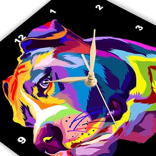 3dRose Wall Clock Silent - 10 inch - Colorful Portrait of a Pitbull Dog Doggy Pet - Dog