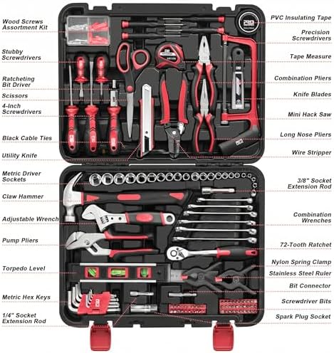 Prostormer 259-Piece Home Tool Kit with Portable Storage Box, Red