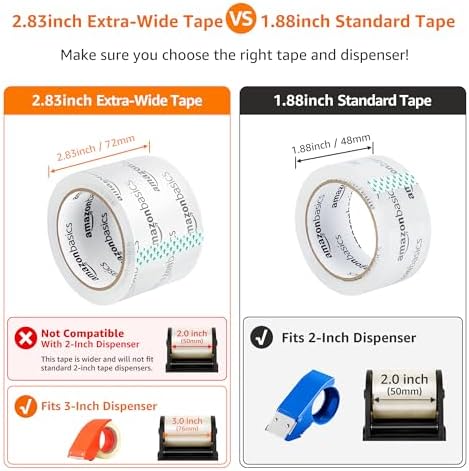 Amazon Basics 2.83 Inch Wide Packing Tape, Fits 3-Inch Dispensers, Crystal Clear, Low Odor, for Moving, Storage, Shipping and Sealing Boxes, 54.6 Yards, 12-Pack