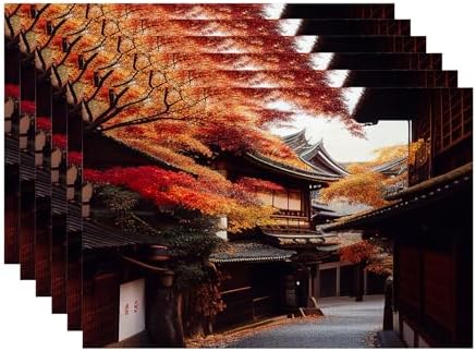 Batmerry Autumn Oriental Maple Linen Placemats Set of 6, Classical Architecture Paths Fallen Leaves Washable Table Mats for Kitchen Table Thickened Heat Insulation Dining Set Indoor Outdoor 12X18 in