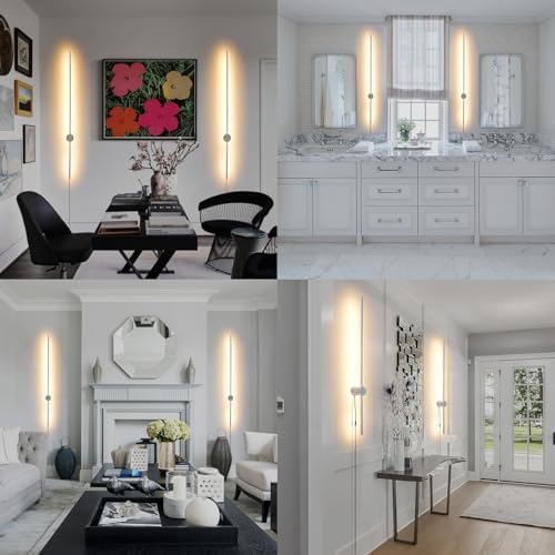 KELUOLY Dimmable Plug in Wall Sconce Set of 2, Chrome 39.37" LED Wall Light with Remote, Adjustable Color Temperature Brightness Wall lamp with Timer for Living Room,Bedroom and Accent Lighting