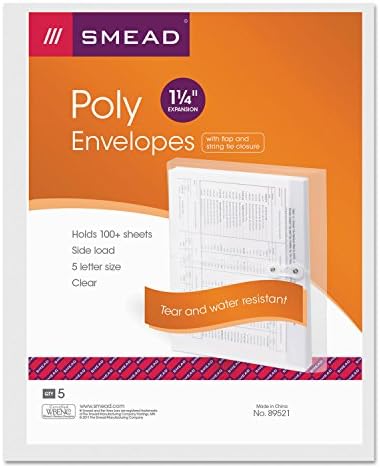 Smead Poly Envelope, 1 1/4 Inch Expansion, String-Tie Closure, Side Load, Letter Size, Clear, 5 per Pack (89521)
