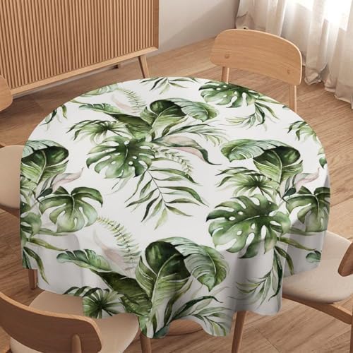 Green Tropical Leaves Tablecloth, Watercolor Jungle Plam Leaves Floral Botanical Print Farmhouse Holiday Tablecloths for Home Kitchen Party Dinner Decor, 60x60in