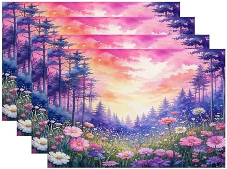Batmerry Forest Flowers Sunset Placemats, Beautiful Forest Sunset Scene Washable Linen Table Mats for Kitchen Table Double Insulation Decor Dining Set Indoor Outdoor 12X18 in Set of 4