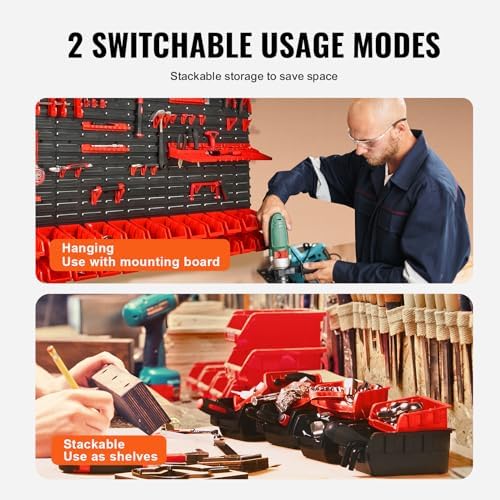 VEVOR Wall Mounted Storage Rack System, 30-Bin Parts Rack Organizer with Wall Panels/Tool Holders/Hooks, Garage Plastic Shop Tool Organizer for Nuts, Bolts, Screws, Nails, Beads, Buttons