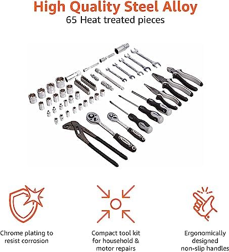 Amazon Basics 65-Piece General Household Home Repair and Mechanic's Hand Tool Kit Set with Storage Case, Portable, Non-Slip Handles, Black