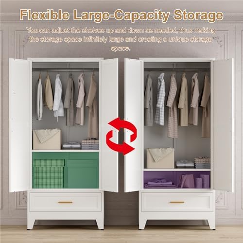 Washsemba 71'' Farmhouse Metal Wardrobe Cabinet with Hanging Rod, 2 Barn Door Wardrobe Closet with Adjustable Shelves,Drawer,for Dining Room,Bedroom,Living Room, Cloak Room,Office (White)