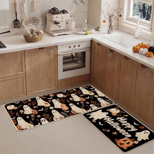 Baccessor Halloween Kitchen Rug Cute Ghost Set of 2,17x29 and 17x47 Inch