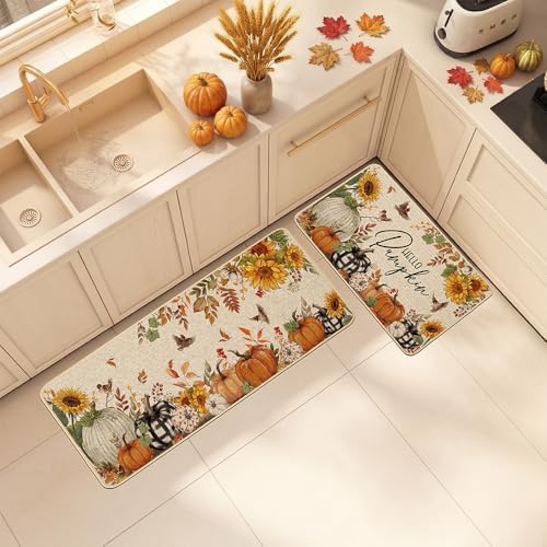 Baccessor Fall Kitchen Rugs Set of 2, Pumpkin Sunflower Kitchen Mats for Floor Washable Low-Profile Farmhouse Autumn Holiday Home Indoor Outdoor Decor 17x29 and 17x47 Inch