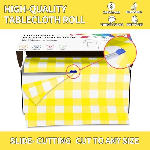 CXPSINC 54 Inch X 300 Feet Plastic Table Cover Roll Disposable Tablecloth with Slide Cutter for All Type/Shape Tables | Party, Banquet, Birthdays, Weddings(Yellow Checkered, 300 Feet)