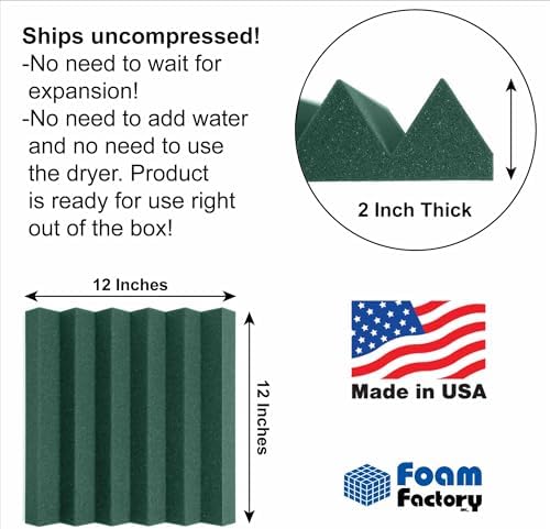 Foam Factory Inc 24 Pack Color Acoustic Foam Panel Studio Soundproofing Wedge Wall Tiles 12” X 12” X 2” (Forest Green)