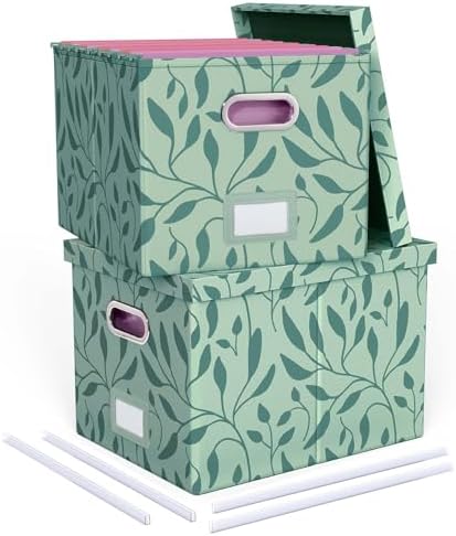 Oterri 2 Pack File Storage Organizer, Document Organizer, Portable File Box with Lid, Fit for Letter/Legal File Folder Storage,Leaf Green-Box only