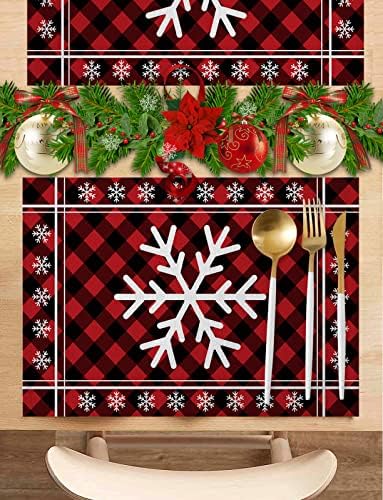White Christmas Snowflake Placemats Set of 4, Red Black Buffalo Plaid Check Cotton Line Stain Resistant Table Mats Washable Holidays Placemat Decoration For Kitchen Dining Table Rustic Farmhouse