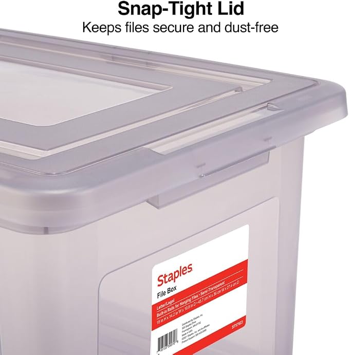 Staples Plastic File Box with Snap Lid, Letter/Legal, Frost Gray, 4-Pk | Stackable storage boxes keep hanging files organized and protected.