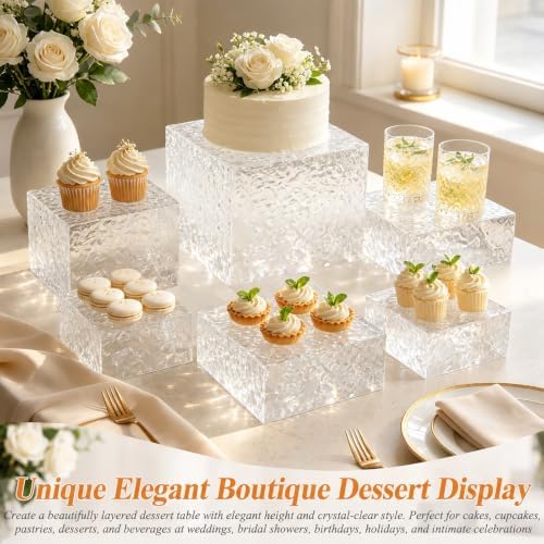 Acrylic Buffet Risers with Mini Sign and Maker, Clear Hammered Water Ripple Dessert Display Stands for Catering Cakes Cupcakes Desserts Drinks Décor Acrylic Display Risers Stackable Nesting Storage