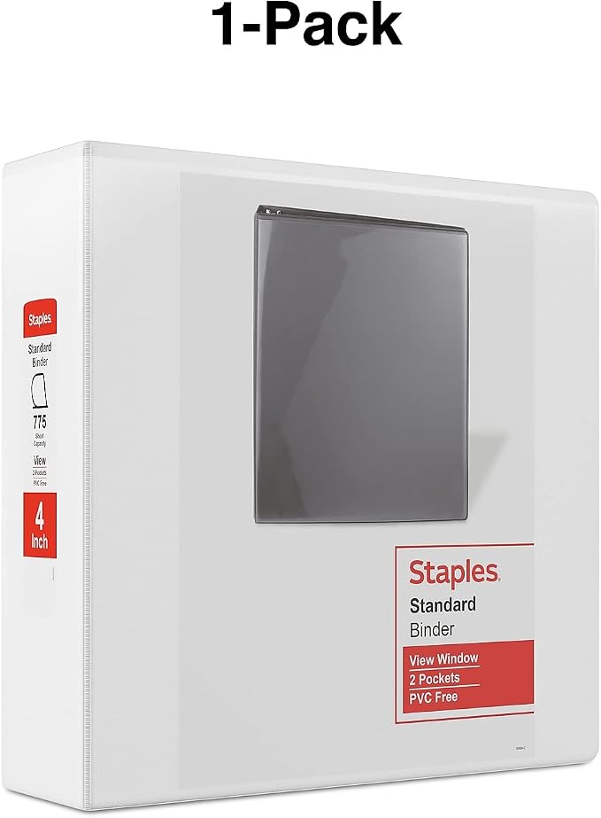 Staples Standard 4-Inch D-Ring View Binder, White, 775 Sheets | Large-capacity binder for office and school document storage.