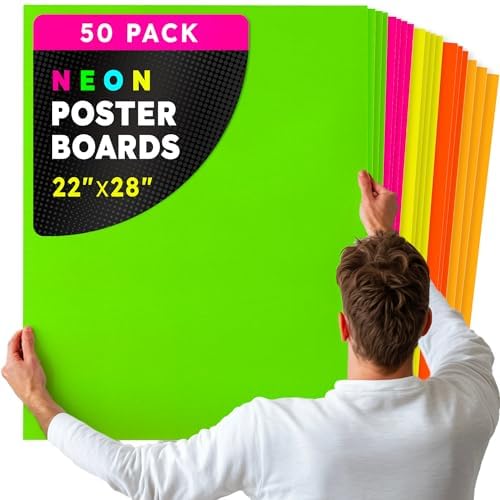 Hygloss Medium Poster Board 22x28 - 50 Assorted Neon Color Bulk Pack - 10 Pt. Thickness Colored Poster Board Paper for Projects, Signs, Displays - Posterboard Multipack 22" x 28"