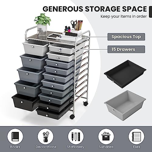 COSTWAY 15 Drawer Rolling Storage Cart, Mobile Utility Cart with Lockable Wheels, Drawers, Multipurpose Organizer Cart for Home, Office, School, Gradient Black