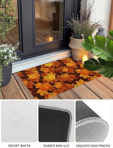 Fall Door Mat Orange Harvest Pumpkin Doormat Autumn Maple Leaf Harvest Thanksgiving Welcome Mat Non Slip Rubber Entryway Front Rug Floor Mat for Indoor Outdoor Kitchen Autumn Holiday Home Decor 18x30